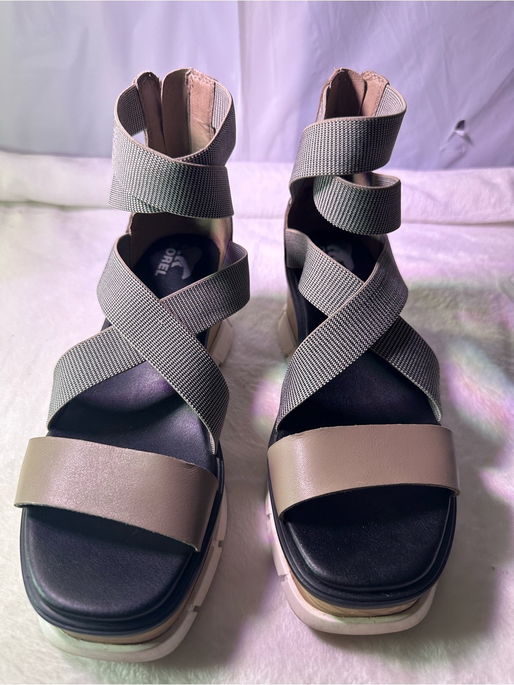 Sorel Tan and Gray Crisscross Wedge Sandal - Picture 4 of 8